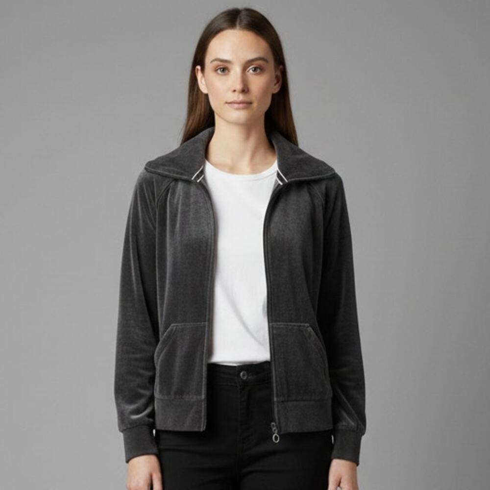 Everlast Womens L Gray Crushed Velvet Full Zip Sweatshirt Spread Collar Velour